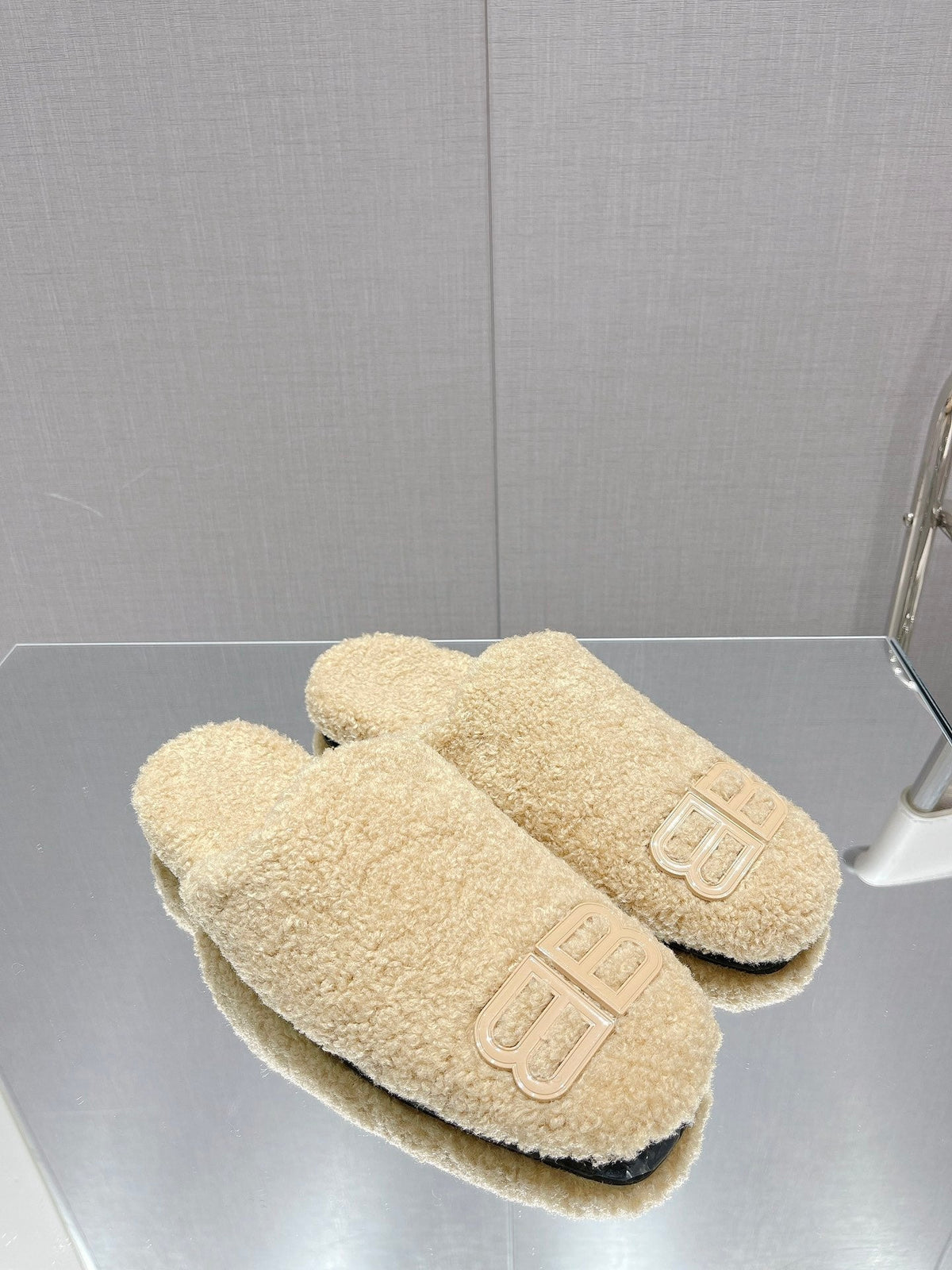 BALENCIAGA 25S MULES IN BEIGE WOOL WITH LOGO