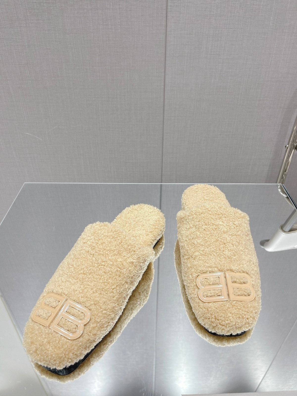 BALENCIAGA 25S MULES IN BEIGE WOOL WITH LOGO