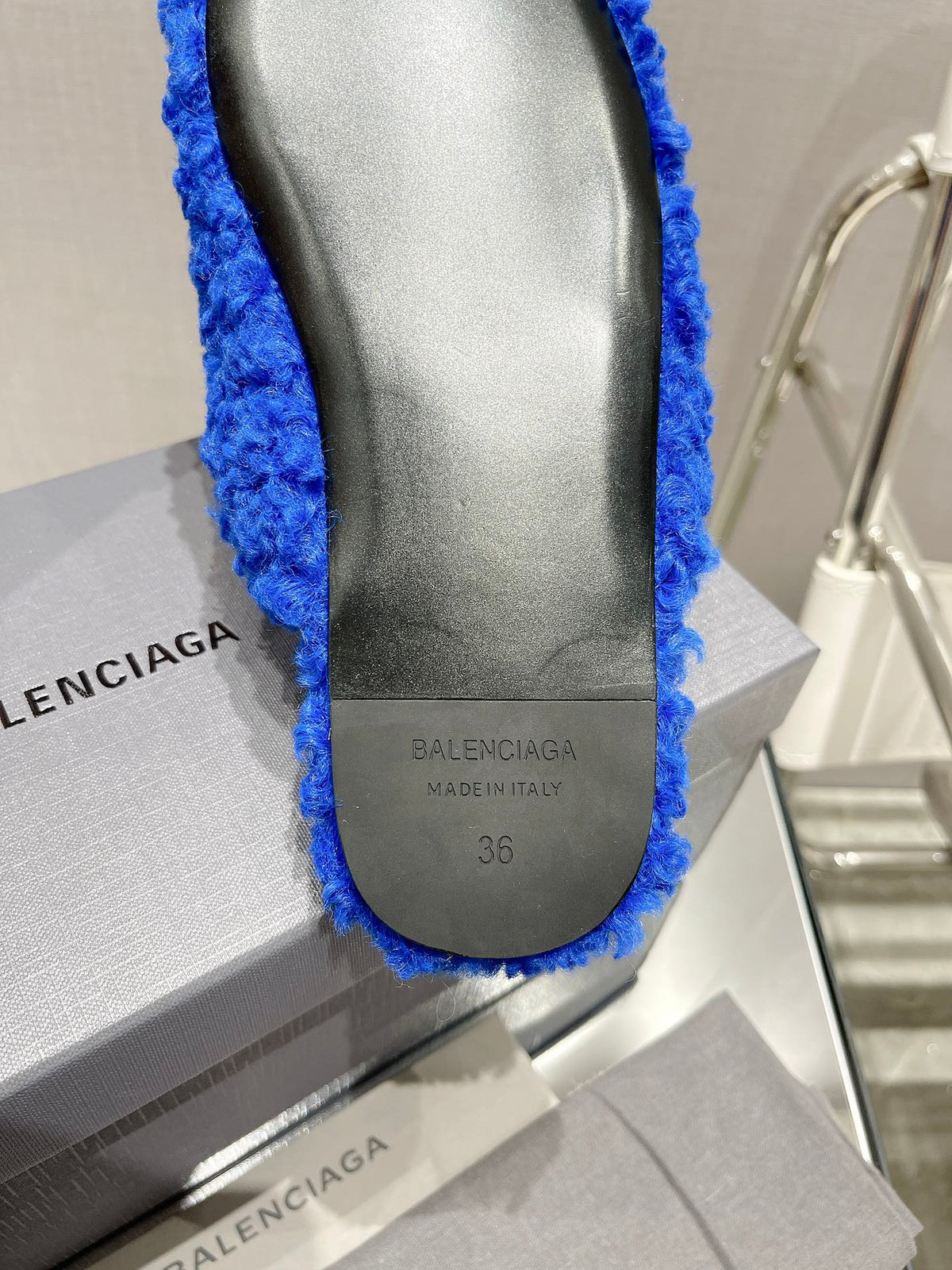 BALENCIAGA 25S MULES IN BLUE WOOL WITH LOGO
