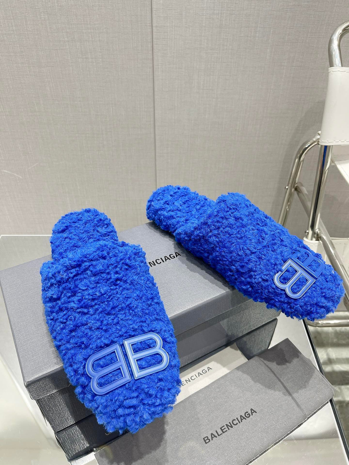 BALENCIAGA 25S MULES IN BLUE WOOL WITH LOGO