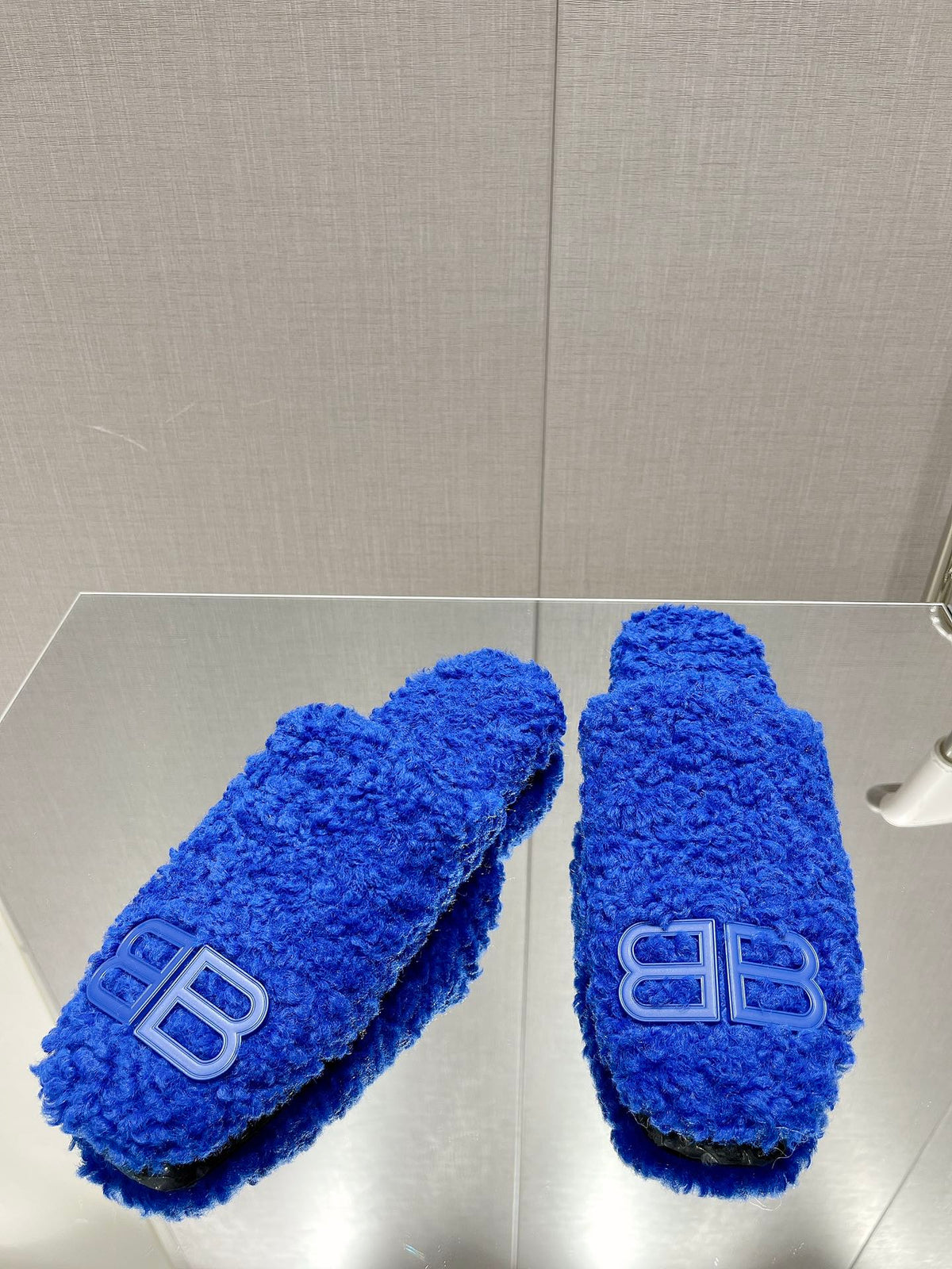 BALENCIAGA 25S MULES IN BLUE WOOL WITH LOGO