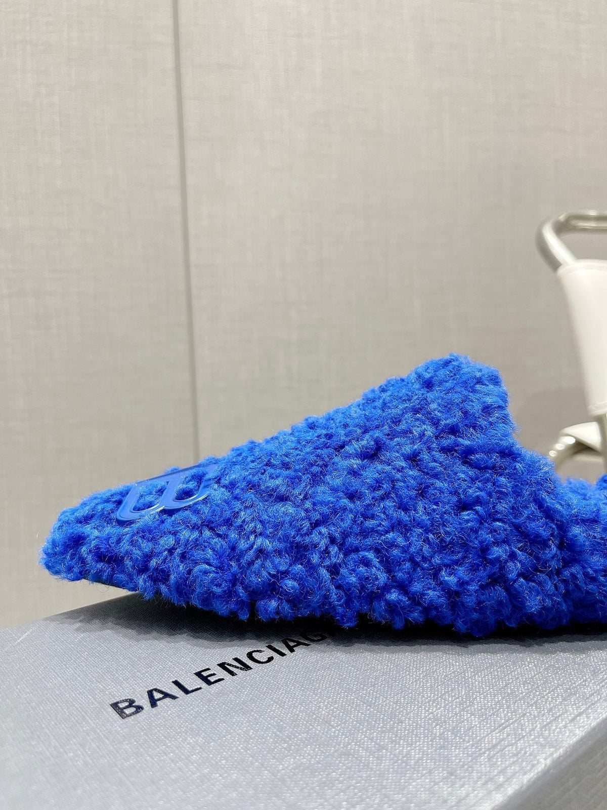 BALENCIAGA 25S MULES IN BLUE WOOL WITH LOGO