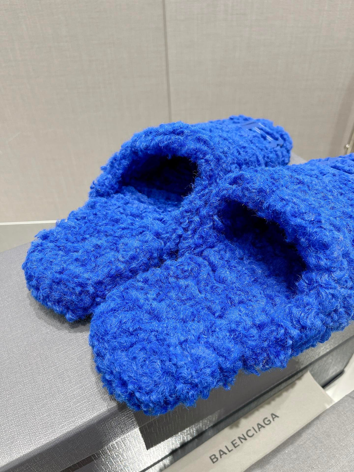 BALENCIAGA 25S MULES IN BLUE WOOL WITH LOGO