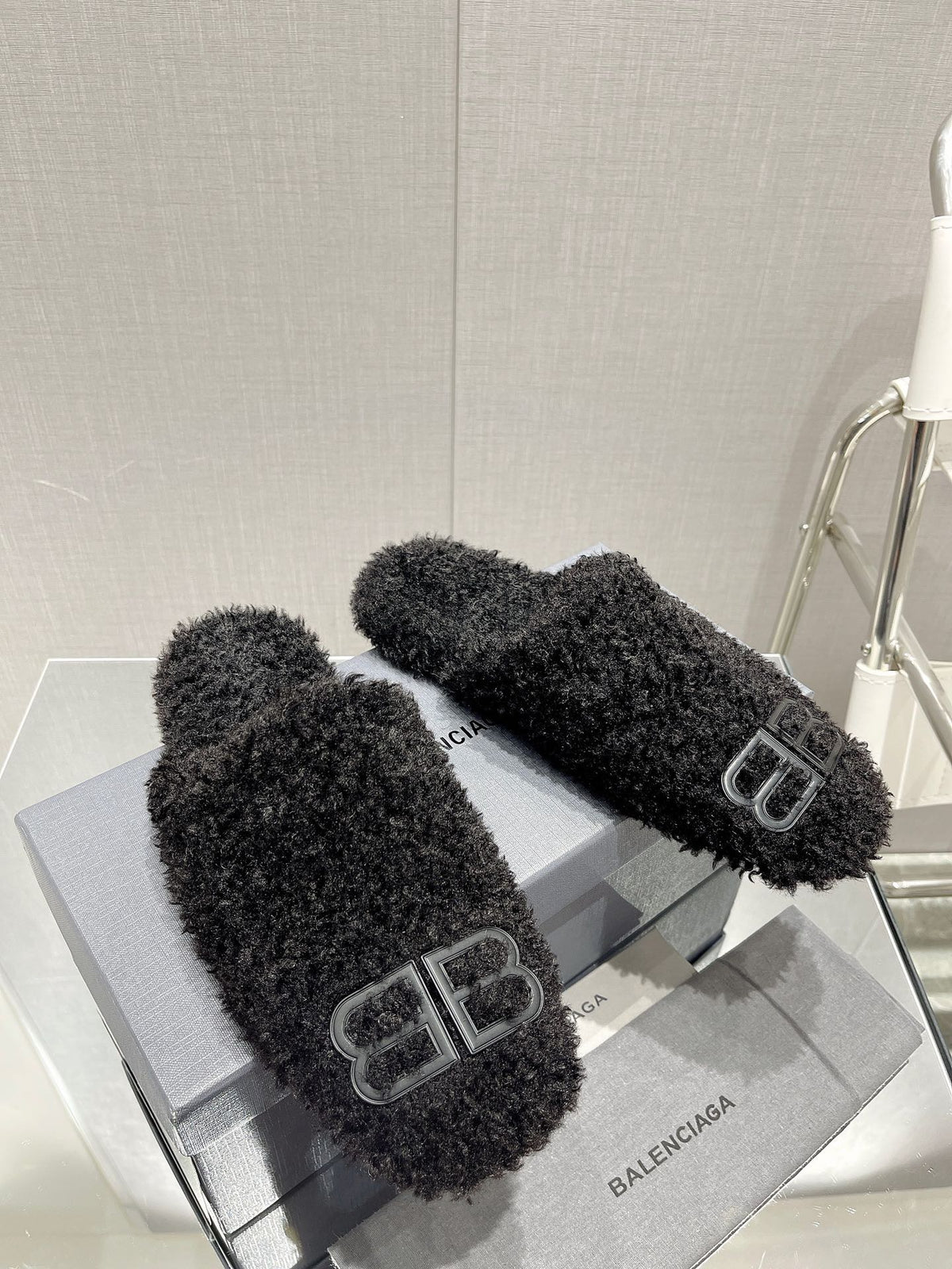 BALENCIAGA 25S MULES IN BLACK WOOL WITH LOGO