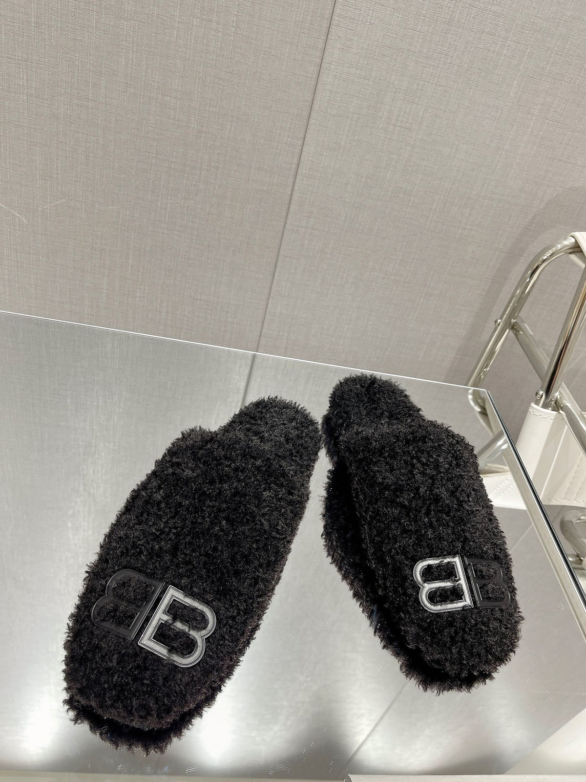 BALENCIAGA 25S MULES IN BLACK WOOL WITH LOGO