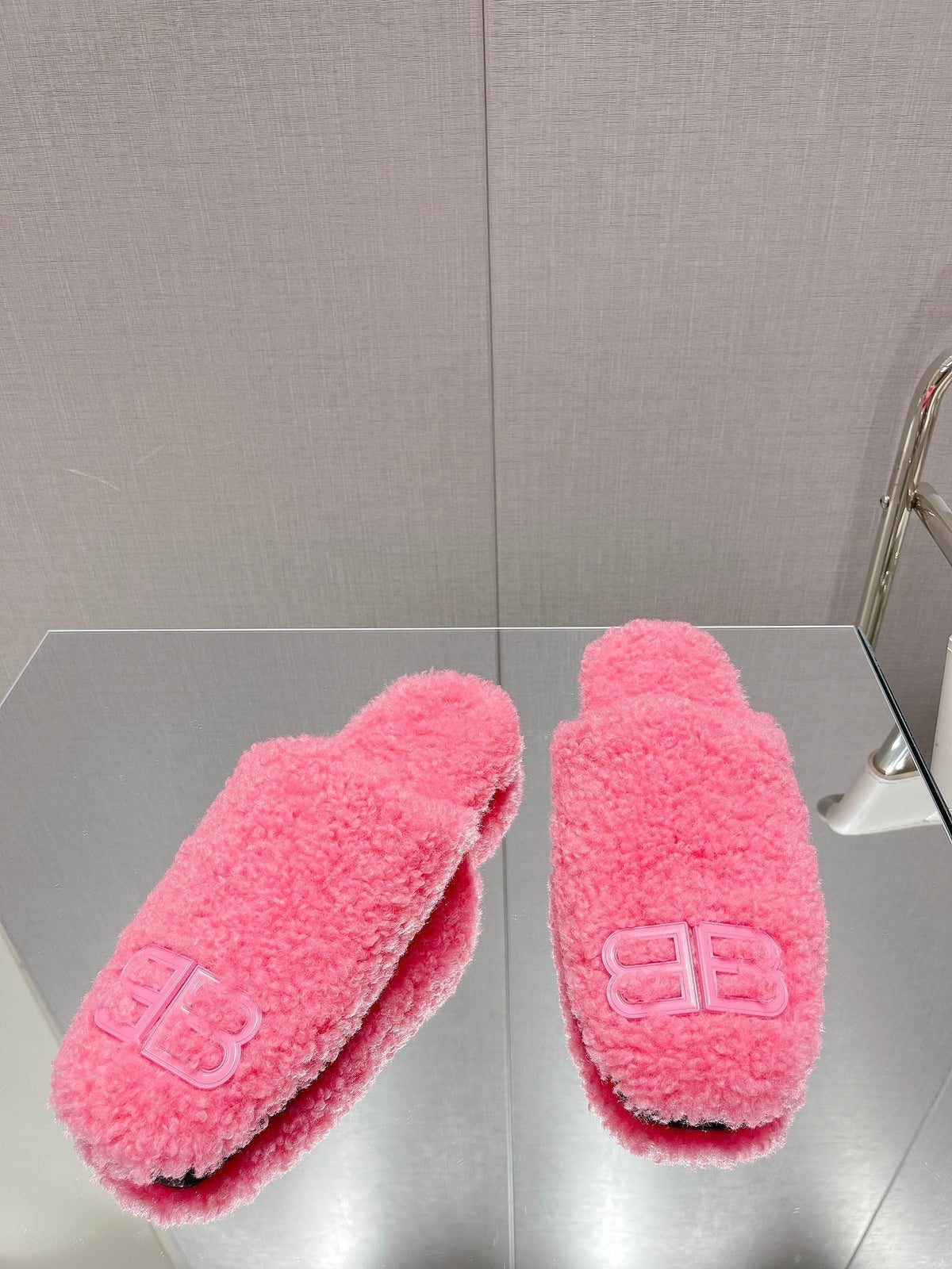 BALENCIAGA 25S MULES IN PINK WOOL WITH LOGO