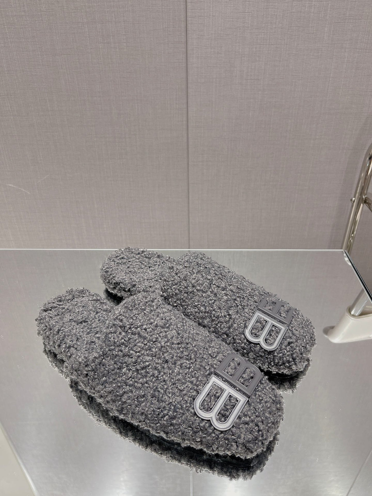 BALENCIAGA 25S MULES IN GRAY WOOL WITH LOGO