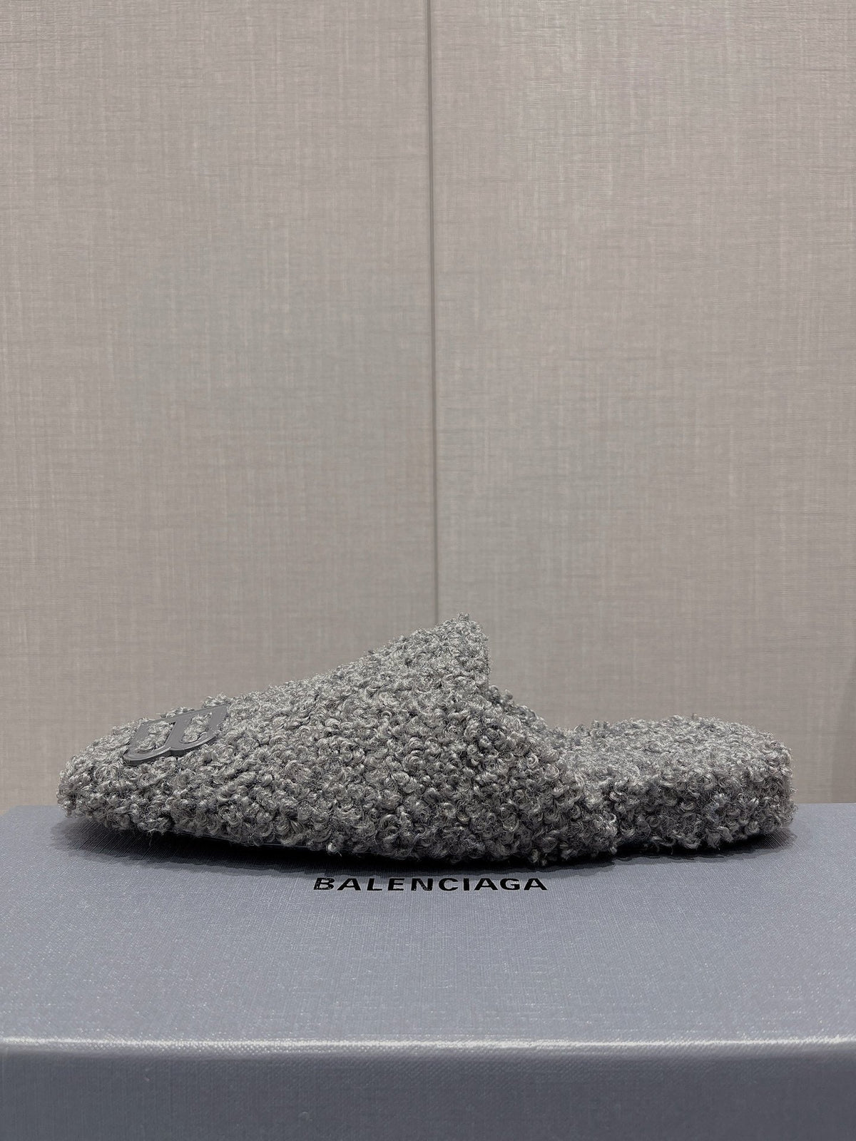 BALENCIAGA 25S MULES IN GRAY WOOL WITH LOGO