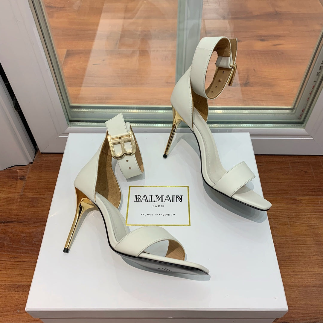BALMAIN 25S THIN STRAP HIGH HEELS 105MM IN IVORY CALFSKIN GOLD HARDWARE