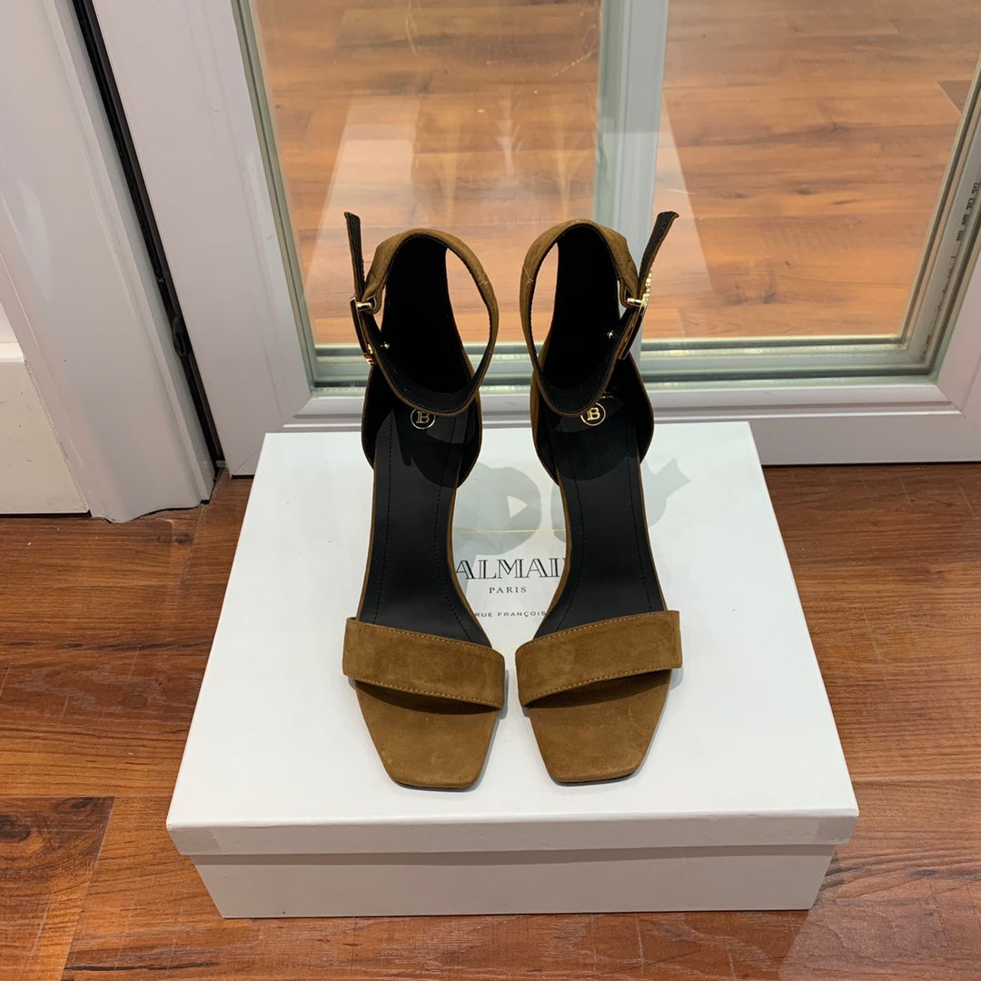 BALMAIN 25S THIN STRAP HIGH HEELS 105MM IN DARK BROWN SUEDE GOLD HARDWARE