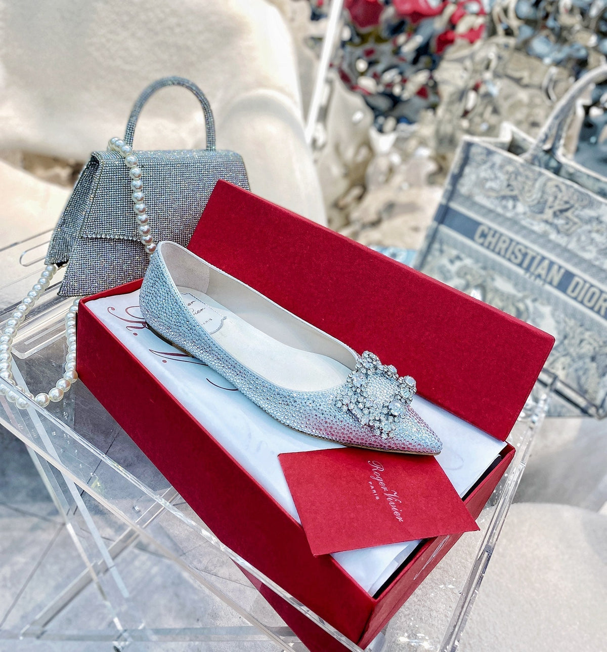 EFFLORESCENCE BALLERINAS IN SILVER CALFSKIN WITH FULLY EMBELLISHED CRYSTALS