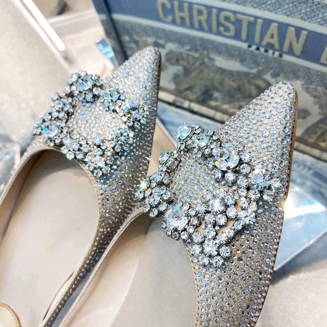 EFFLORESCENCE BALLERINAS IN BEIGE CALFSKIN WITH FULLY EMBELLISHED CRYSTALS