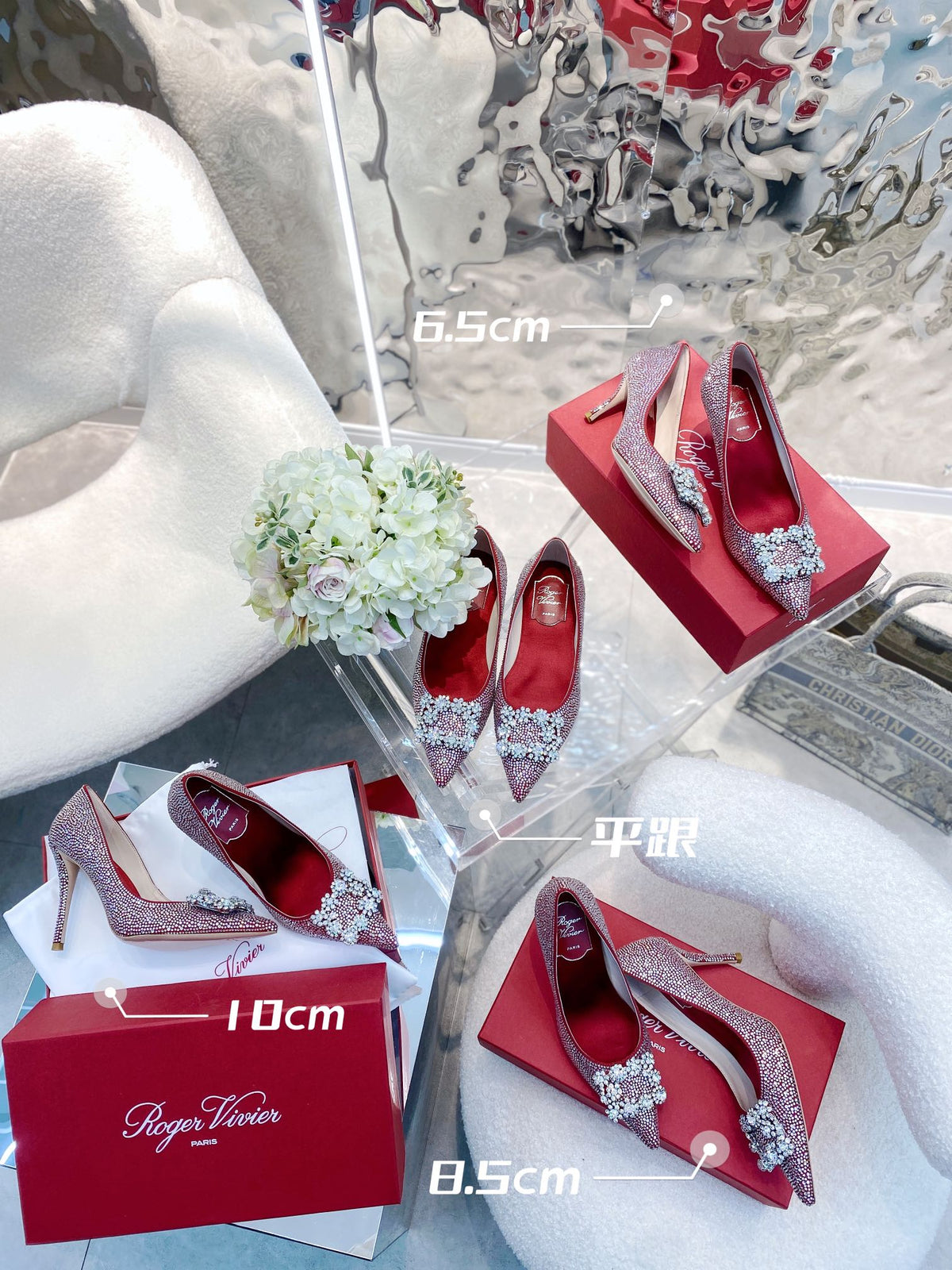 EFFLORESCENCE BALLERINAS IN RED CALFSKIN WITH FULLY EMBELLISHED CRYSTALS