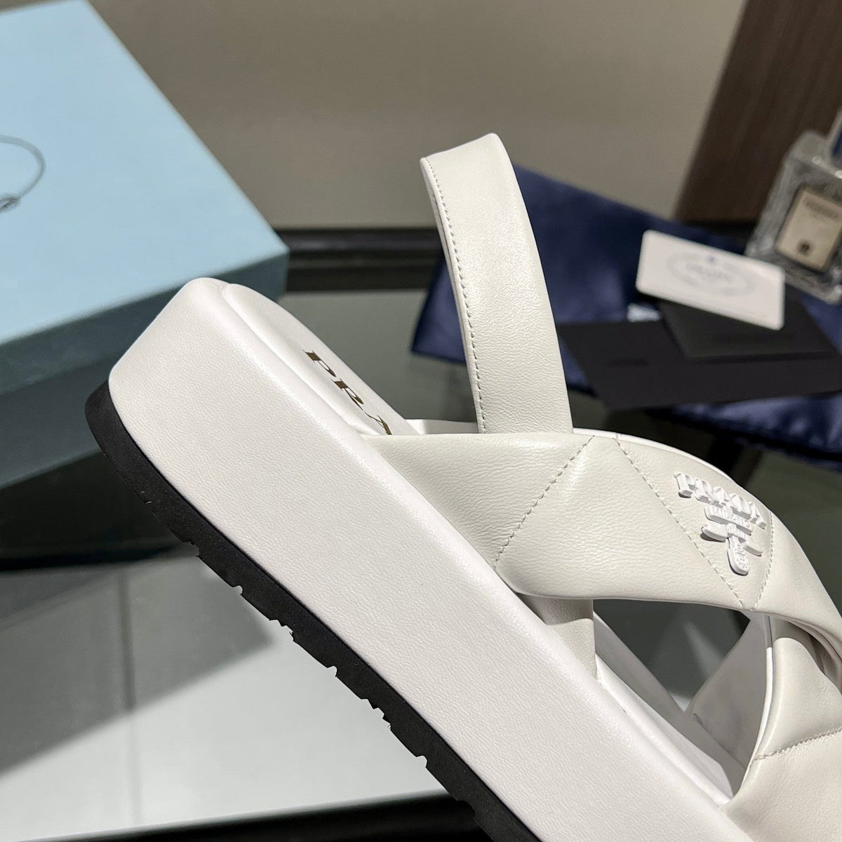 PRA PADDED CRISSCROSS SANDALS WHITE LAMBSKIN