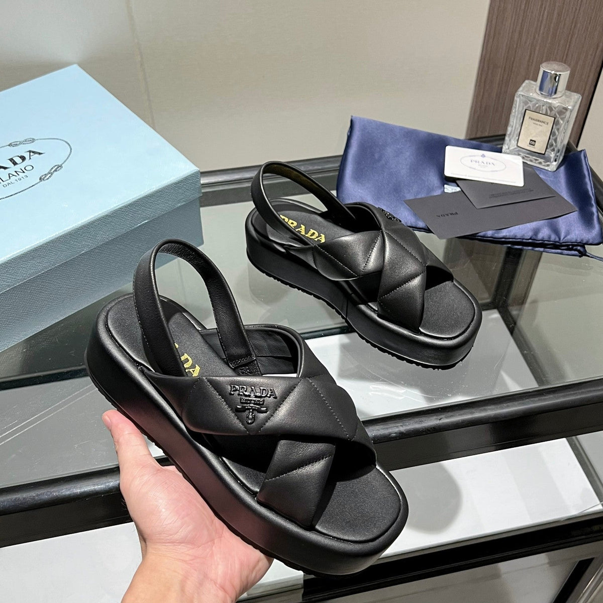 PRA PADDED CRISSCROSS SANDALS BLACK LAMBSKIN