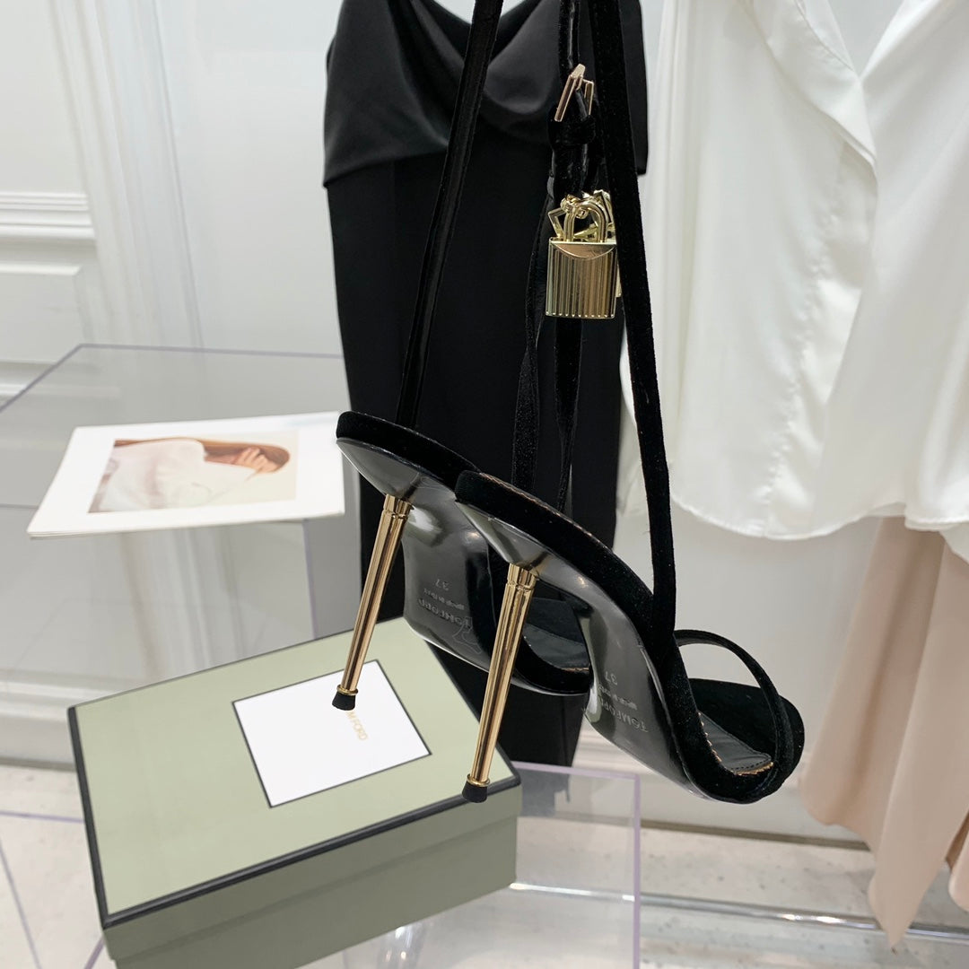 PADLOCK HIGH HEEL 10 CM SANDAL IN BLACK VELVET