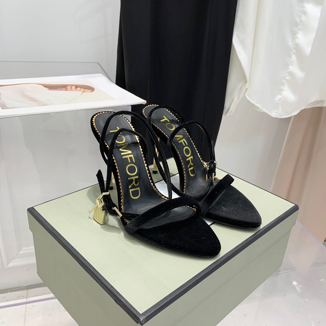 PADLOCK HIGH HEEL 10 CM SANDAL IN BLACK VELVET