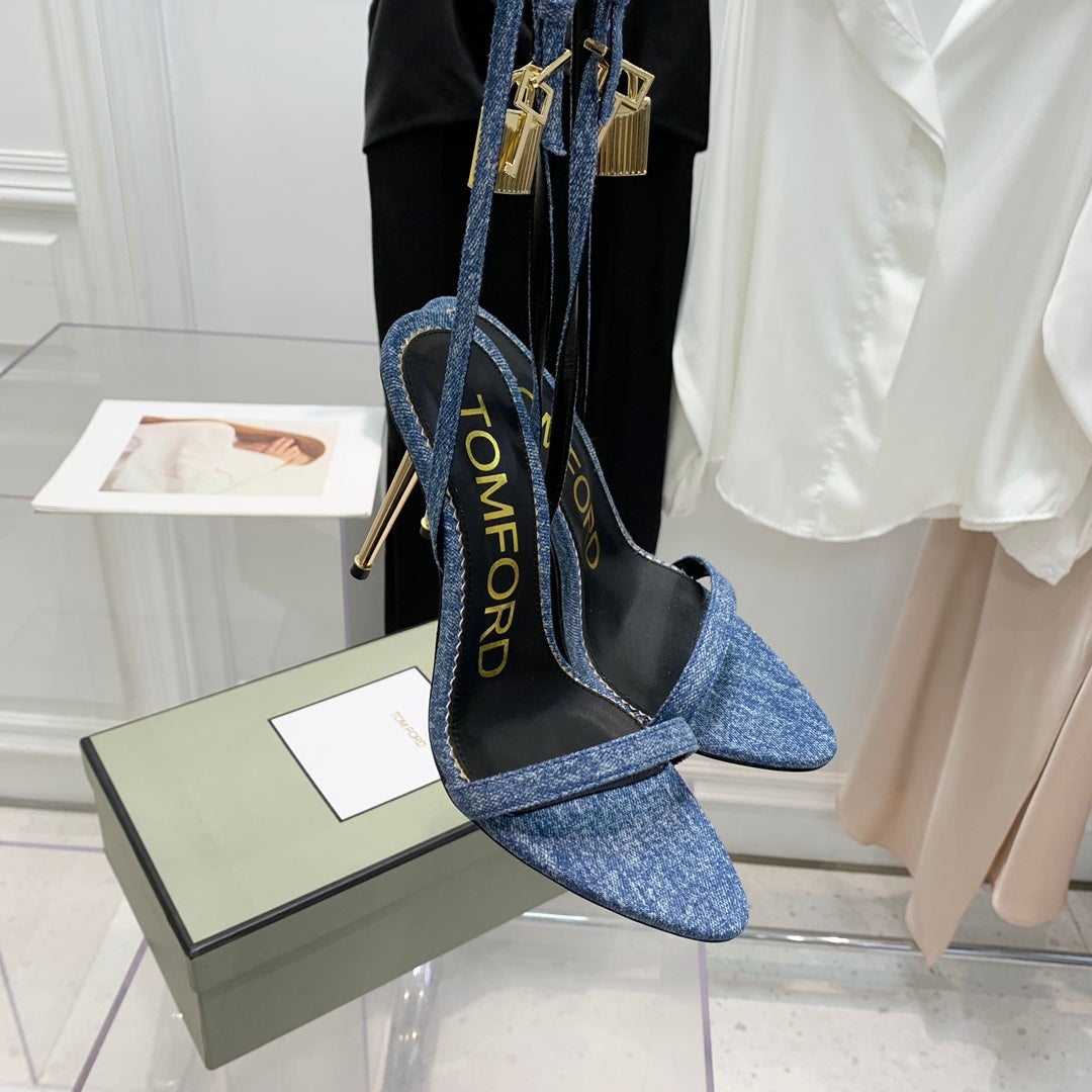 PADLOCK HIGH HEEL 10 CM SANDAL IN LIGHT BLUE DENIM