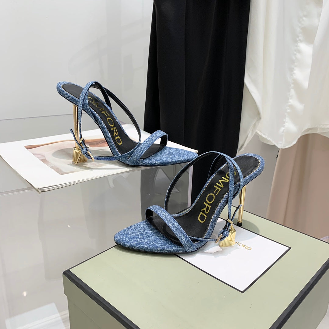 PADLOCK HIGH HEEL 10 CM SANDAL IN LIGHT BLUE DENIM
