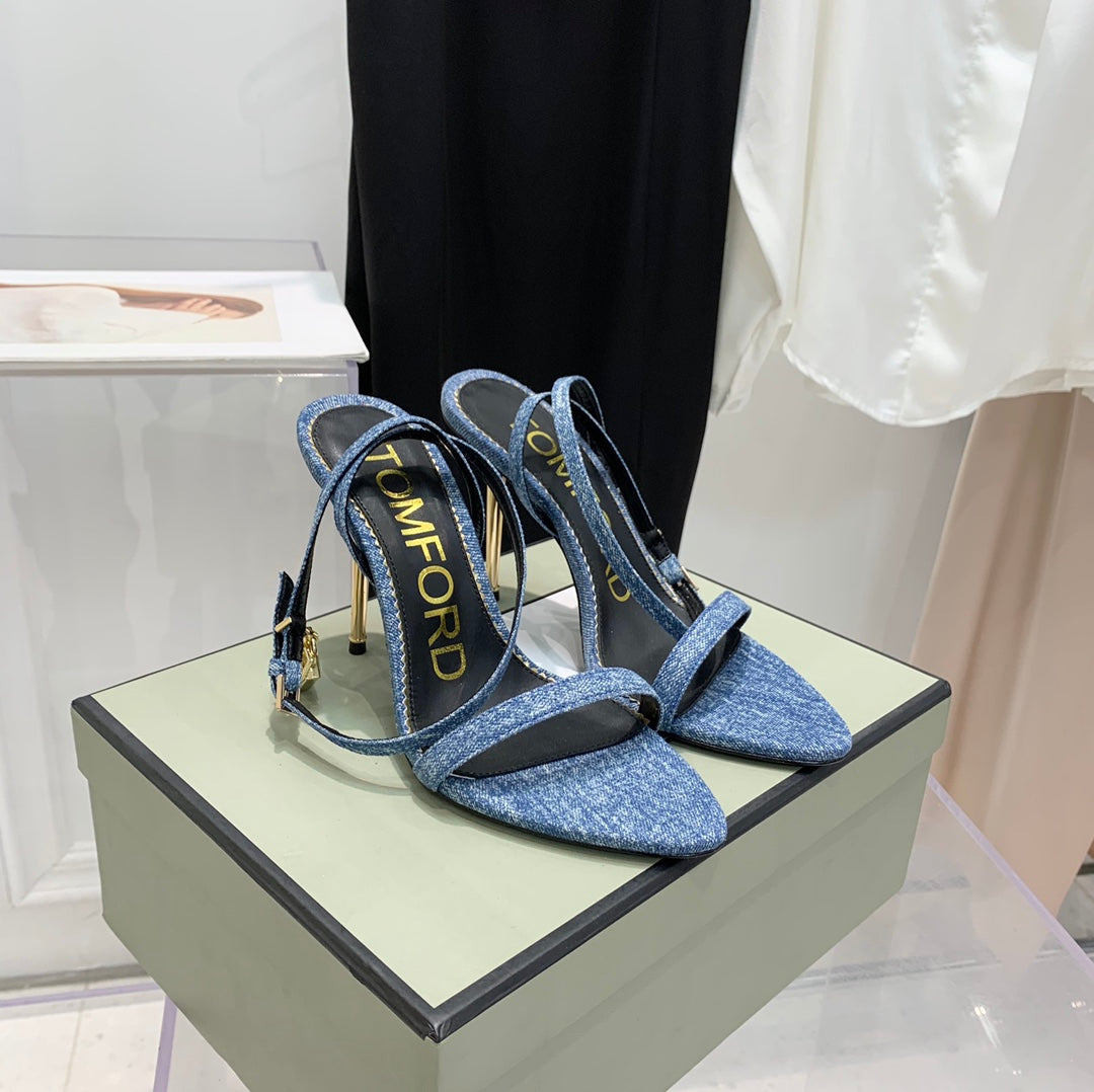 TOM FORD 26S GOLD BUCKLE HEELS 105 MM IN BLUE DENIM