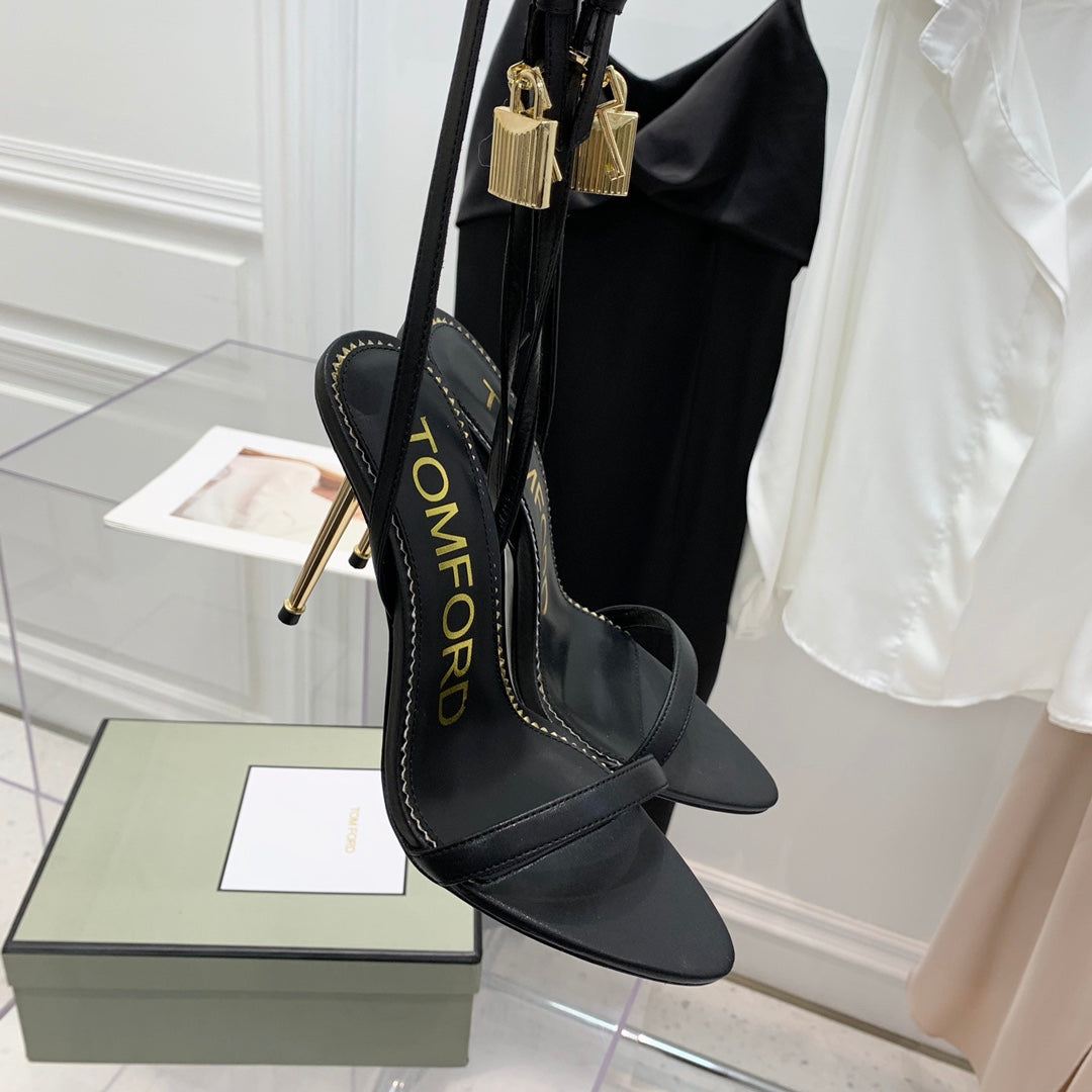PADLOCK HIGH HEEL 10 CM SANDAL IN BLACK SHEEPSKIN