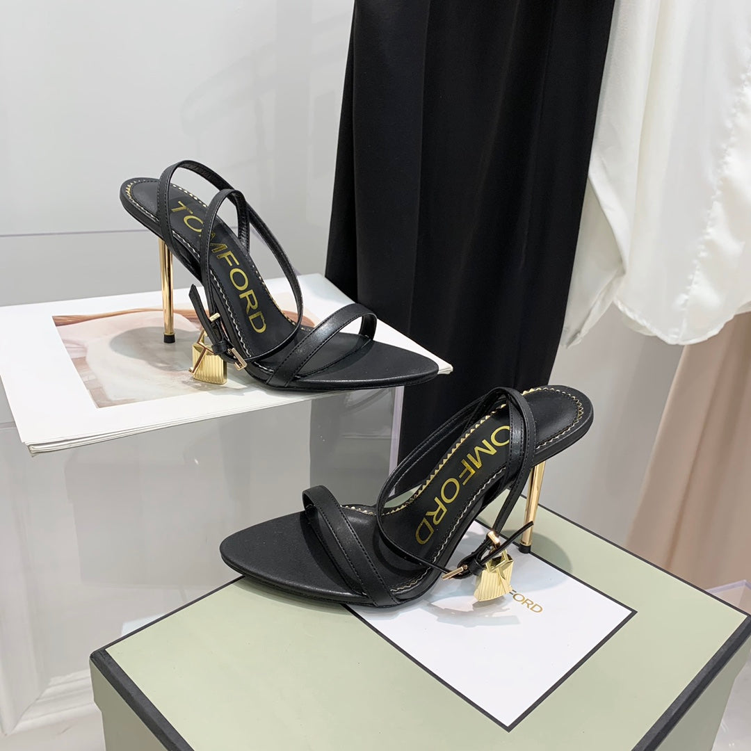 PADLOCK HIGH HEEL 10 CM SANDAL IN BLACK SHEEPSKIN