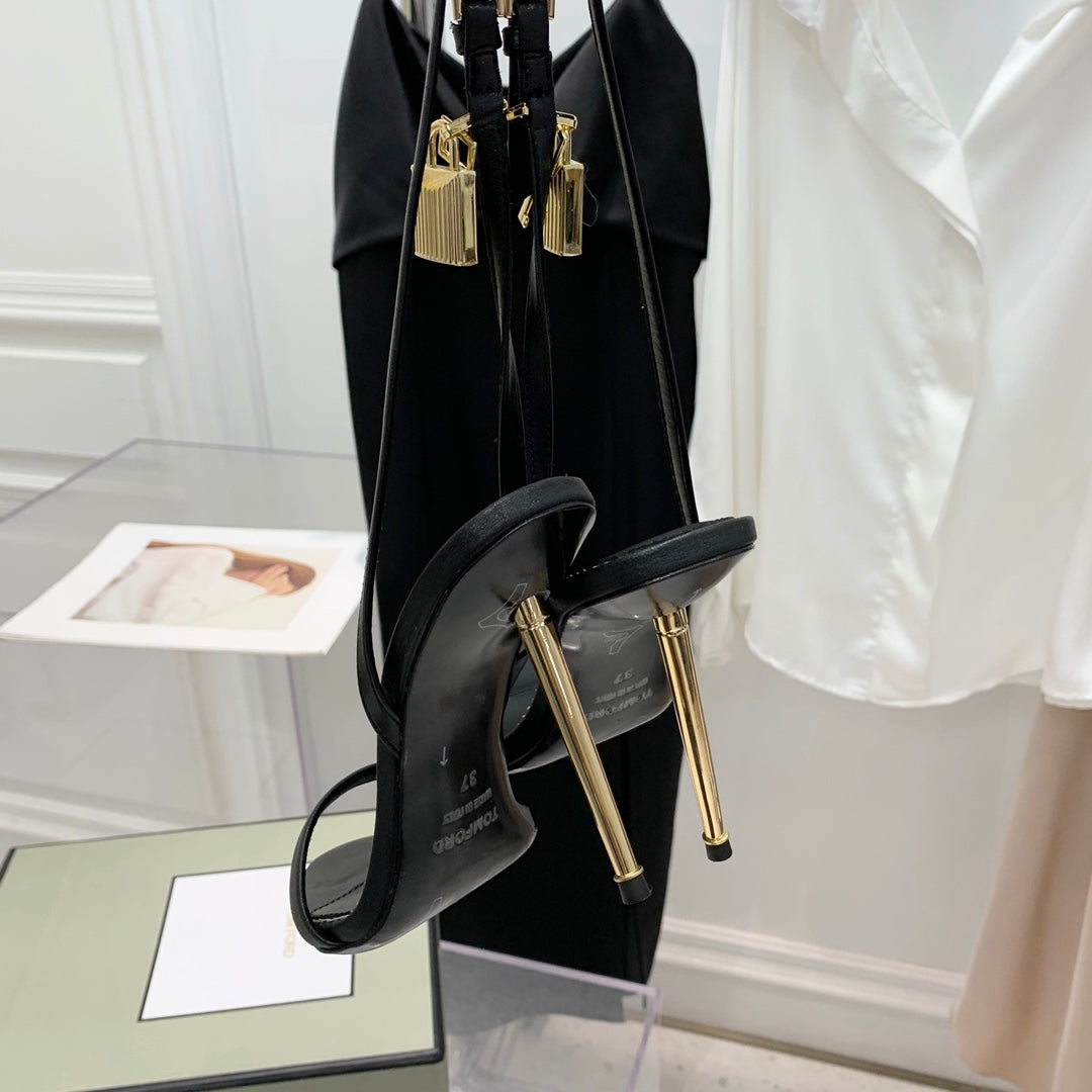 PADLOCK HIGH HEEL 10 CM SANDAL IN BLACK SHEEPSKIN
