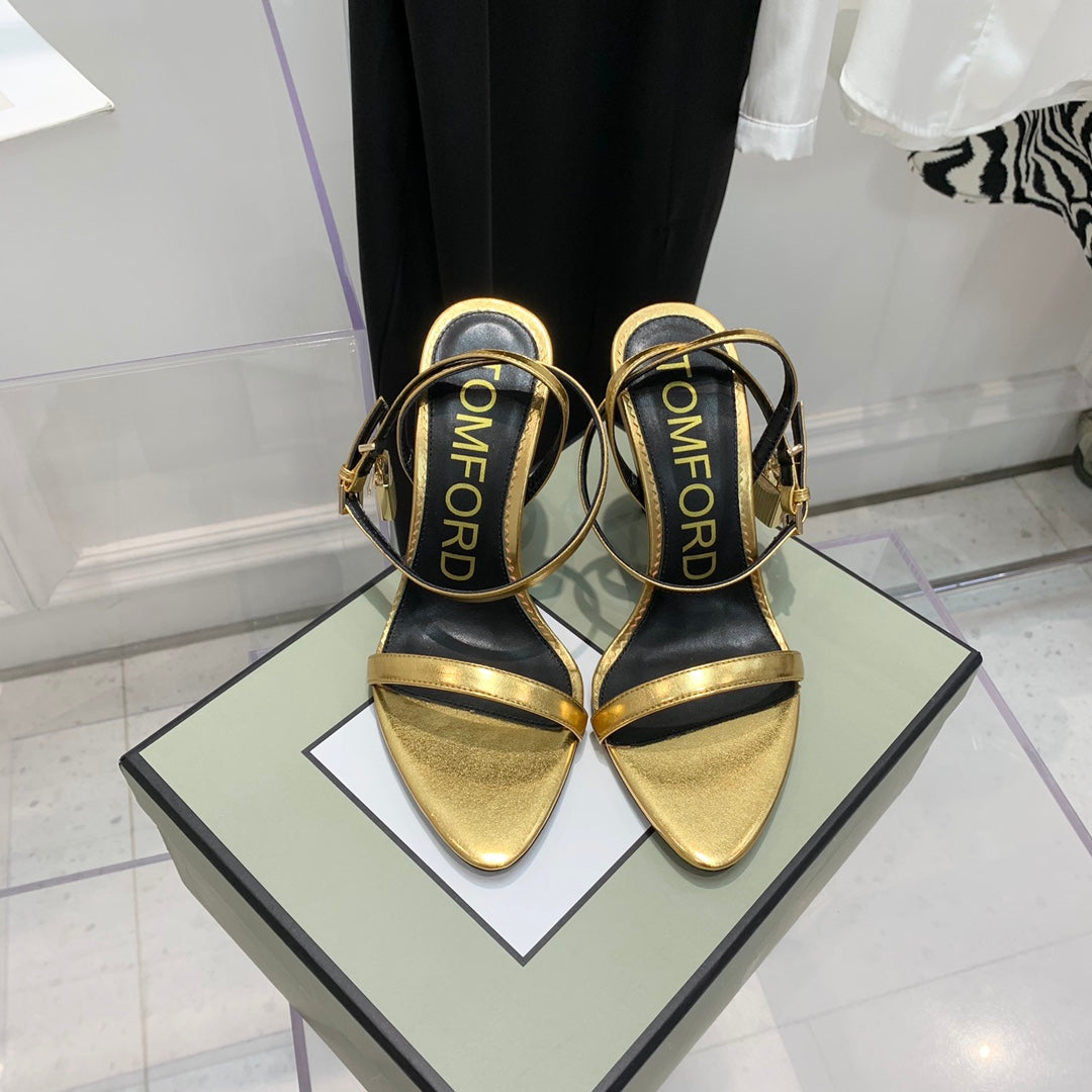PADLOCK HIGH HEEL 10 CM SANDAL IN GOLD SHEEPSKIN