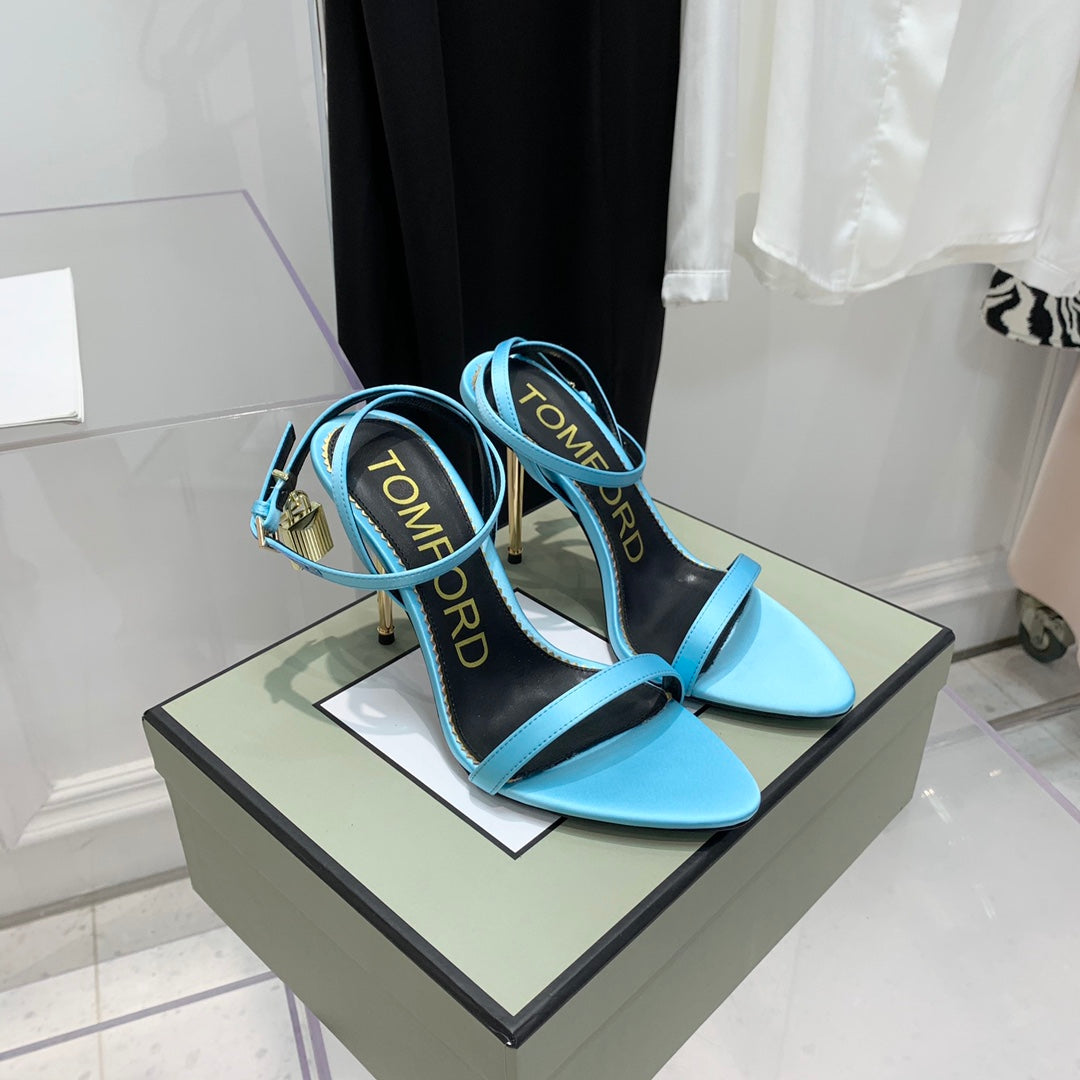 PADLOCK HIGH HEEL 10 CM SANDAL IN AQUA BLUE SHEEPSKIN