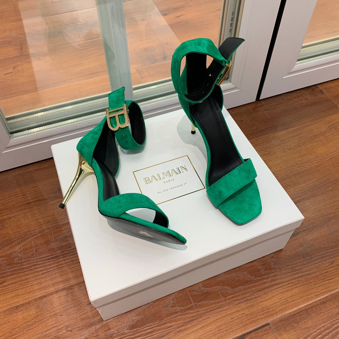 BALMAIN 25S THIN STRAP HIGH HEELS 105MM IN GREEN SUEDE GOLD HARDWARE