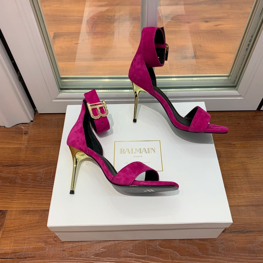 BALMAIN 25S THIN STRAP HIGH HEELS 105MM IN FUCHSIA SUEDE GOLD HARDWARE