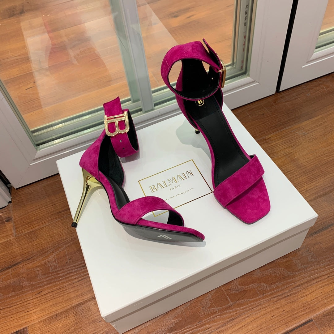 BALMAIN 25S THIN STRAP HIGH HEELS 105MM IN FUCHSIA SUEDE GOLD HARDWARE