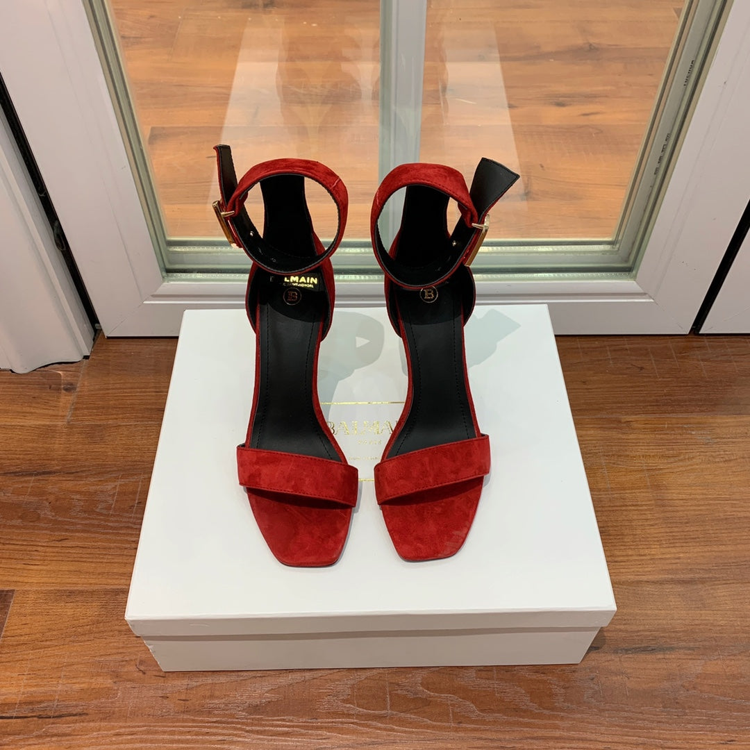 BALMAIN 25S THIN STRAP HIGH HEELS 105MM IN DARK RED SUEDE GOLD HARDWARE