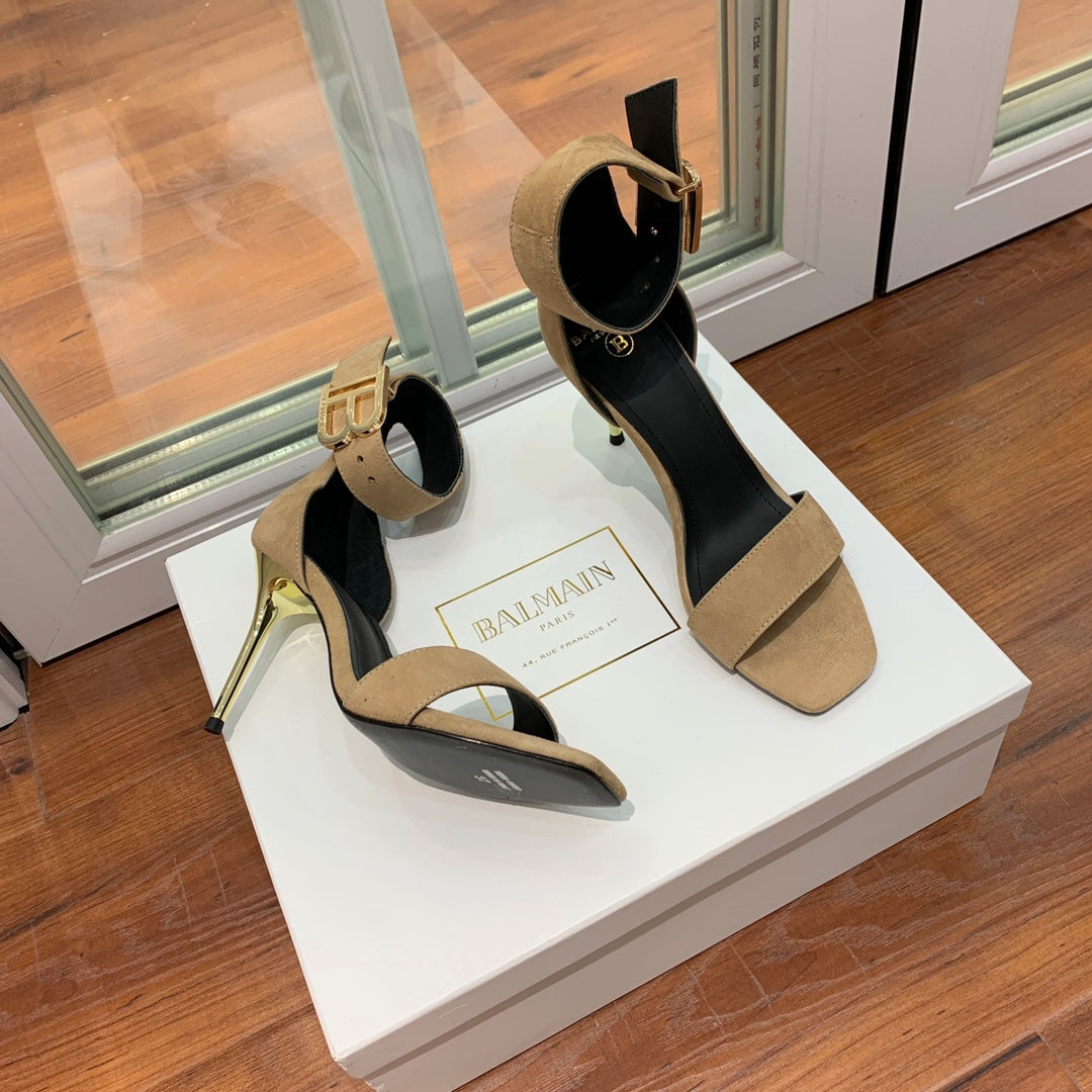 BALMAIN 25S THIN STRAP HIGH HEELS 105MM IN LIGHT MOCHA SUEDE GOLD HARDWARE