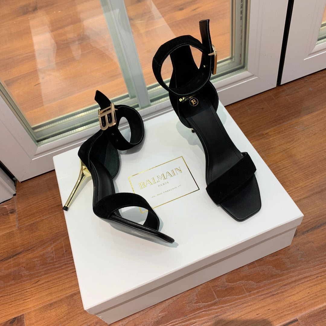 BALMAIN 25S THIN STRAP HIGH HEELS 105MM IN BLACK SUEDE GOLD HARDWARE