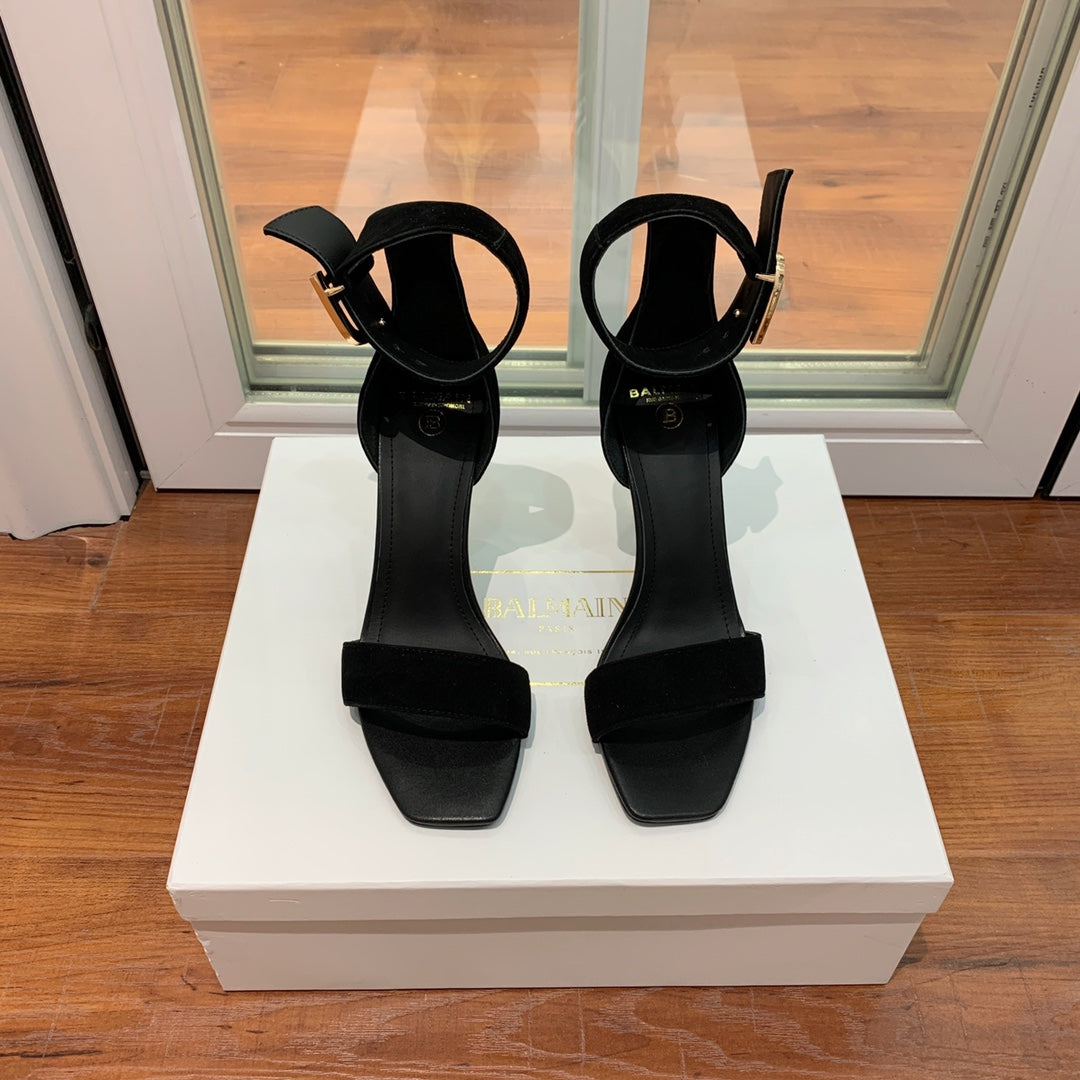 BALMAIN 25S THIN STRAP HIGH HEELS 105MM IN BLACK SUEDE GOLD HARDWARE