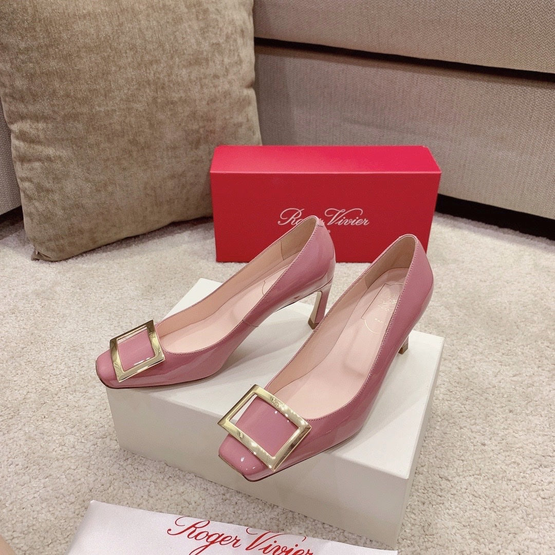 BELLE VIVIER PUMPS IN PASTEL PINK GLOSSY CALFSKIN GOLD BUCKLE
