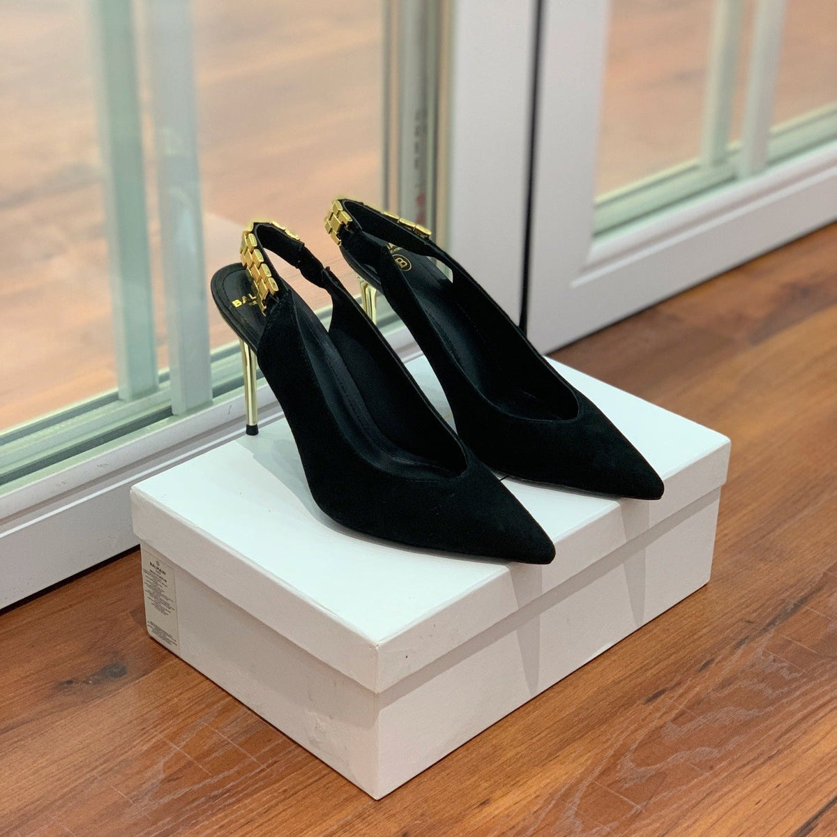 BALMAIN 26S SLINGBACK 95 MM IN BLACK SUEDE WITH GOLD HARDWARE