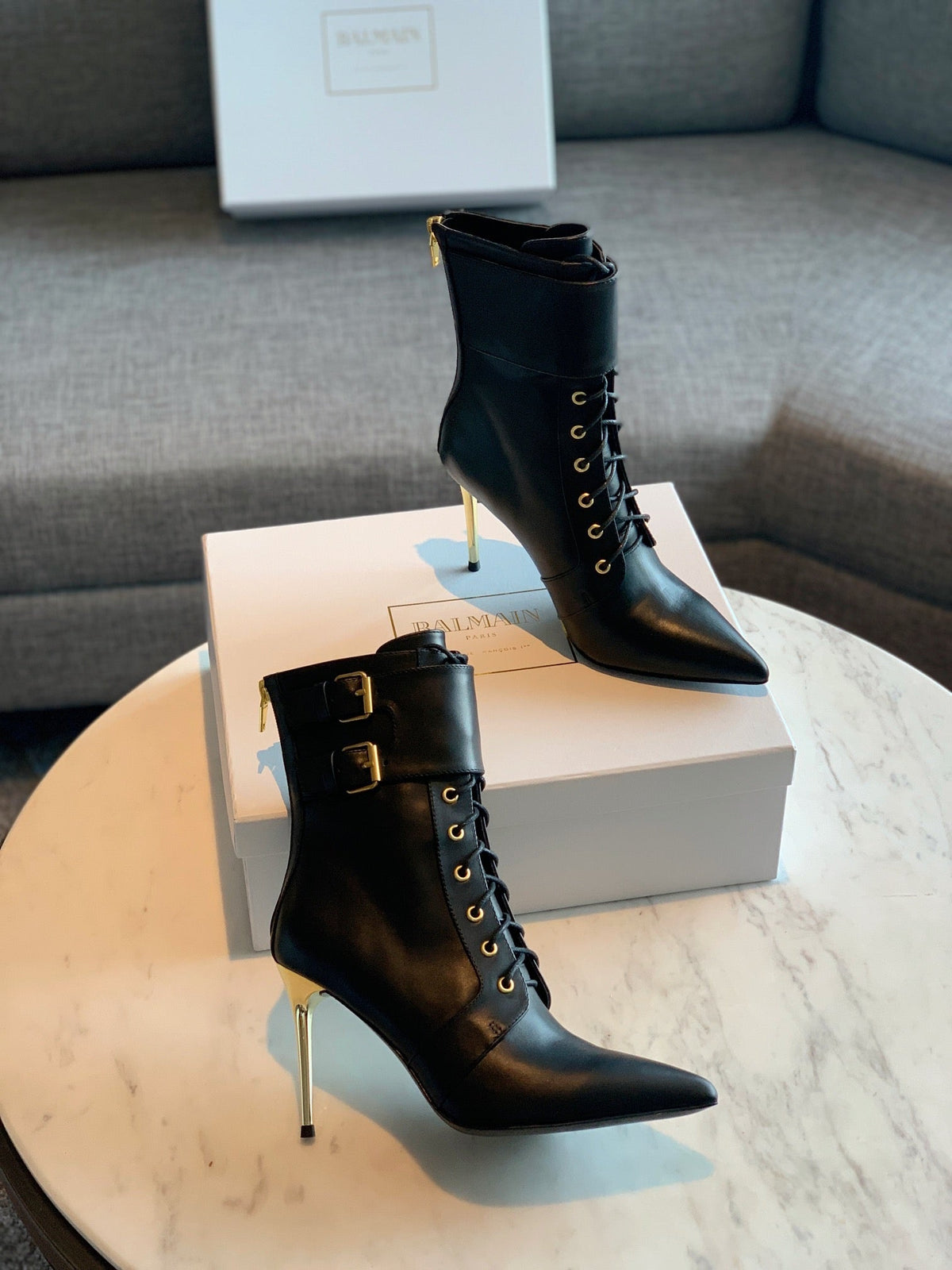 BALMAIN 26S LACE-UP ANKLE BOOTS 105 MM IN BLACK CALFSKIN