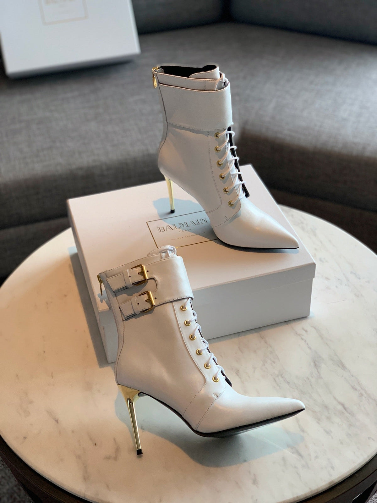 BALMAIN 26S LACE-UP ANKLE BOOTS 105 MM IN WHITE CALFSKIN