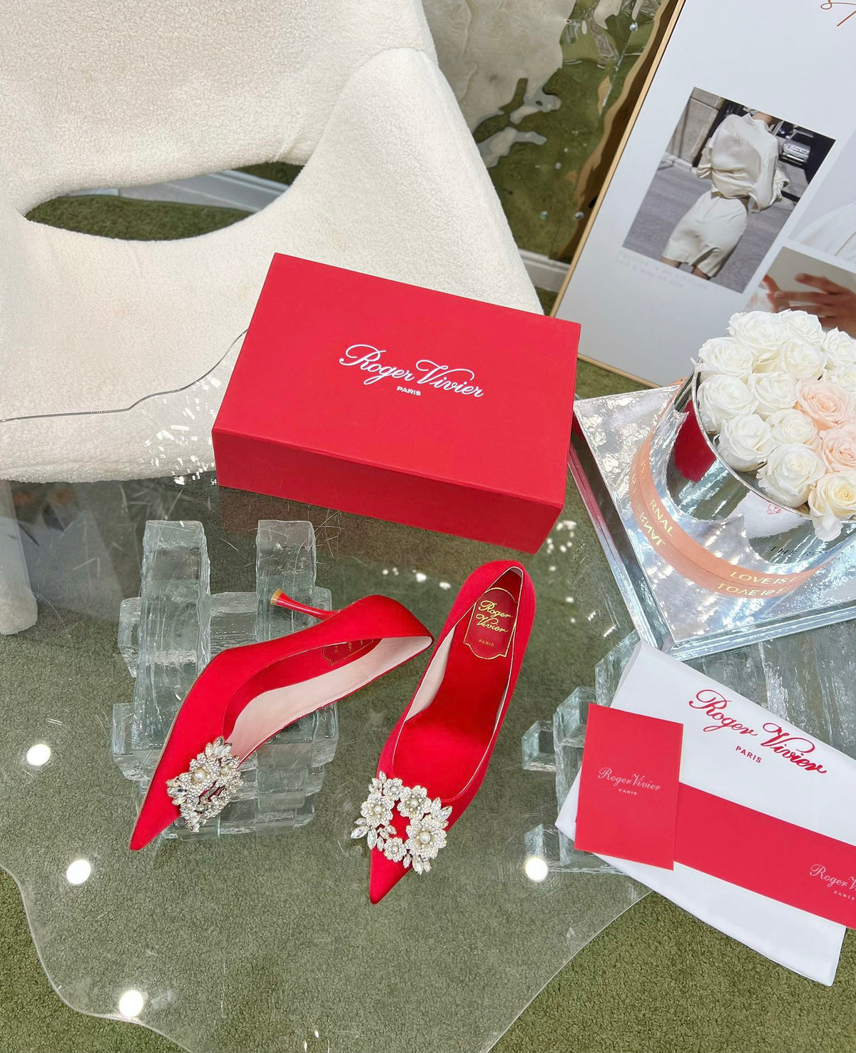 EFFLORESCENCE POINTED-TOE PUMPS IN RED SATIN WITH CRYSTAL BUCKLE