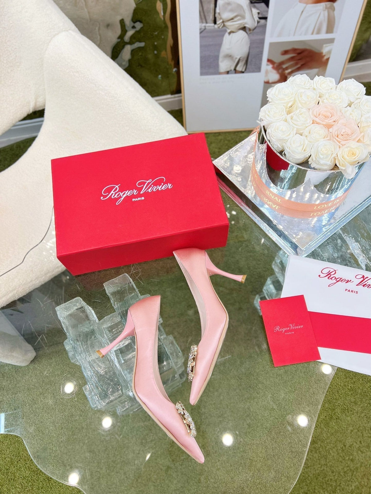 EFFLORESCENCE POINTED-TOE PUMPS IN YOUR PINK SATIN WITH CRYSTAL BUCKLE