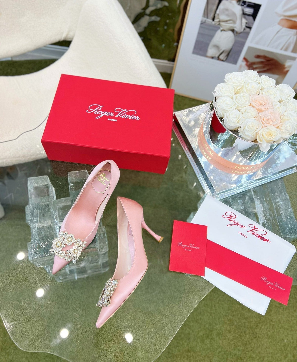 EFFLORESCENCE POINTED-TOE PUMPS IN YOUR PINK SATIN WITH CRYSTAL BUCKLE