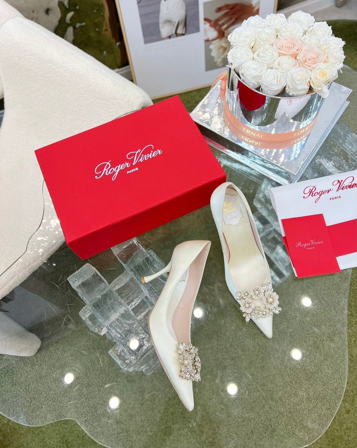 EFFLORESCENCE POINTED-TOE PUMPS IN WHITE SATIN WITH CRYSTAL BUCKLE
