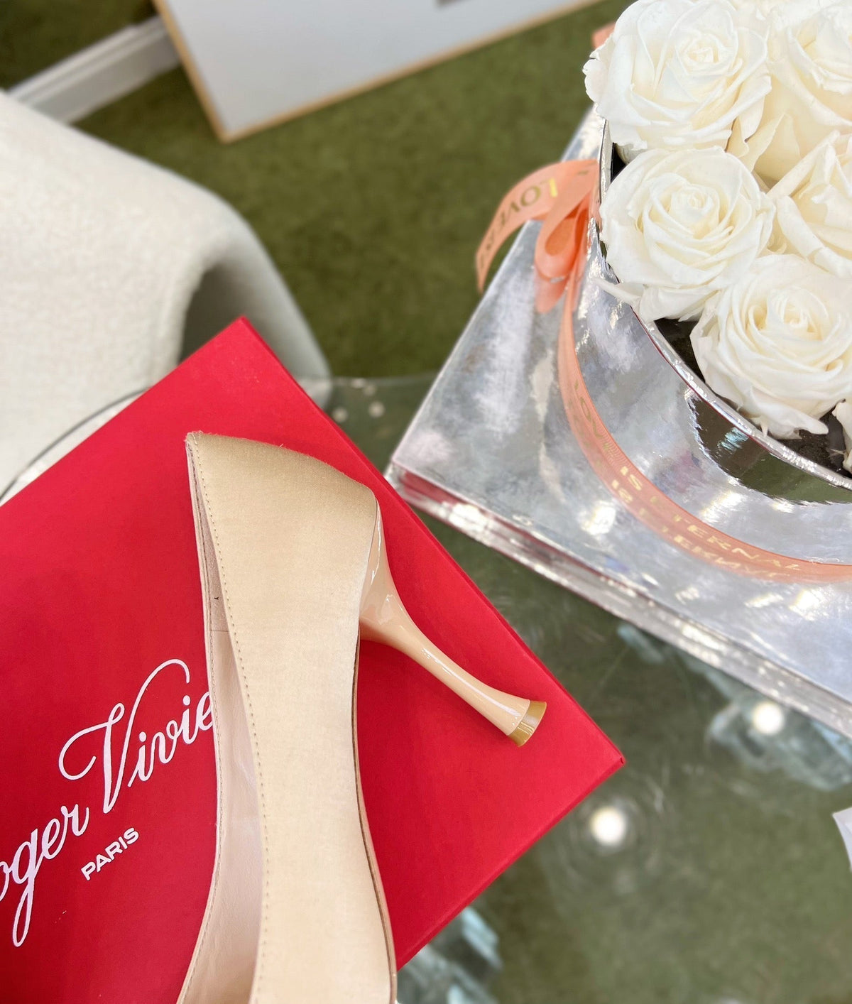EFFLORESCENCE POINTED-TOE PUMPS IN NUDE SATIN WITH CRYSTAL BUCKLE