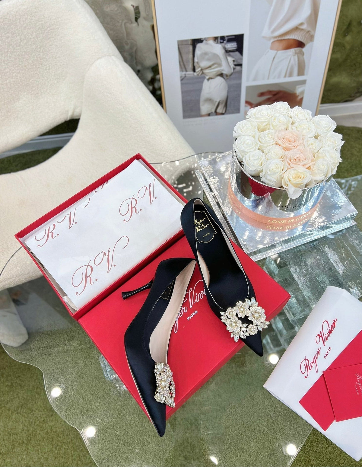 EFFLORESCENCE POINTED-TOE PUMPS IN BLACK SATIN WITH CRYSTAL BUCKLE
