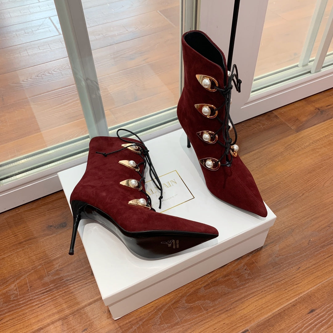 BALMAIN 26S BOOT 95 MM IN DARK RED SUEDE PEARL BUTTON