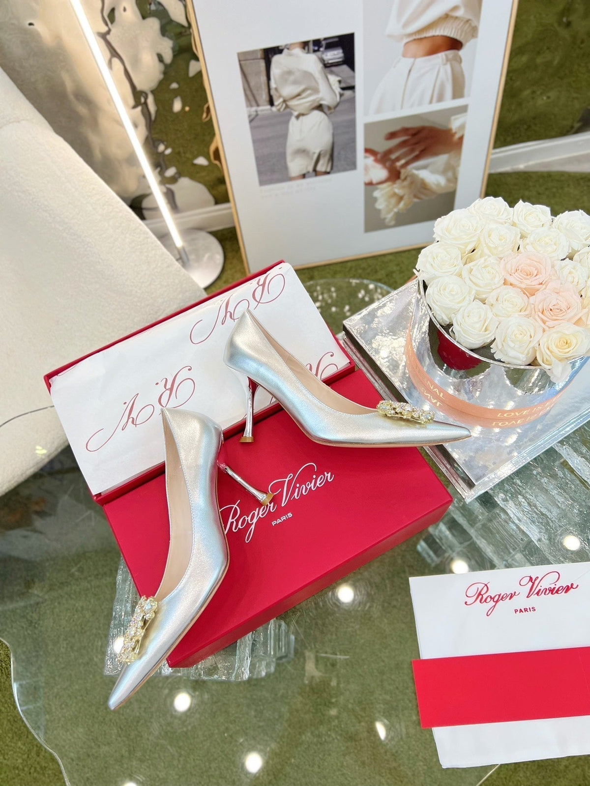 EFFLORESCENCE POINTED-TOE PUMPS 85MM IN SILVER SATIN WITH CRYSTAL BUCKLE