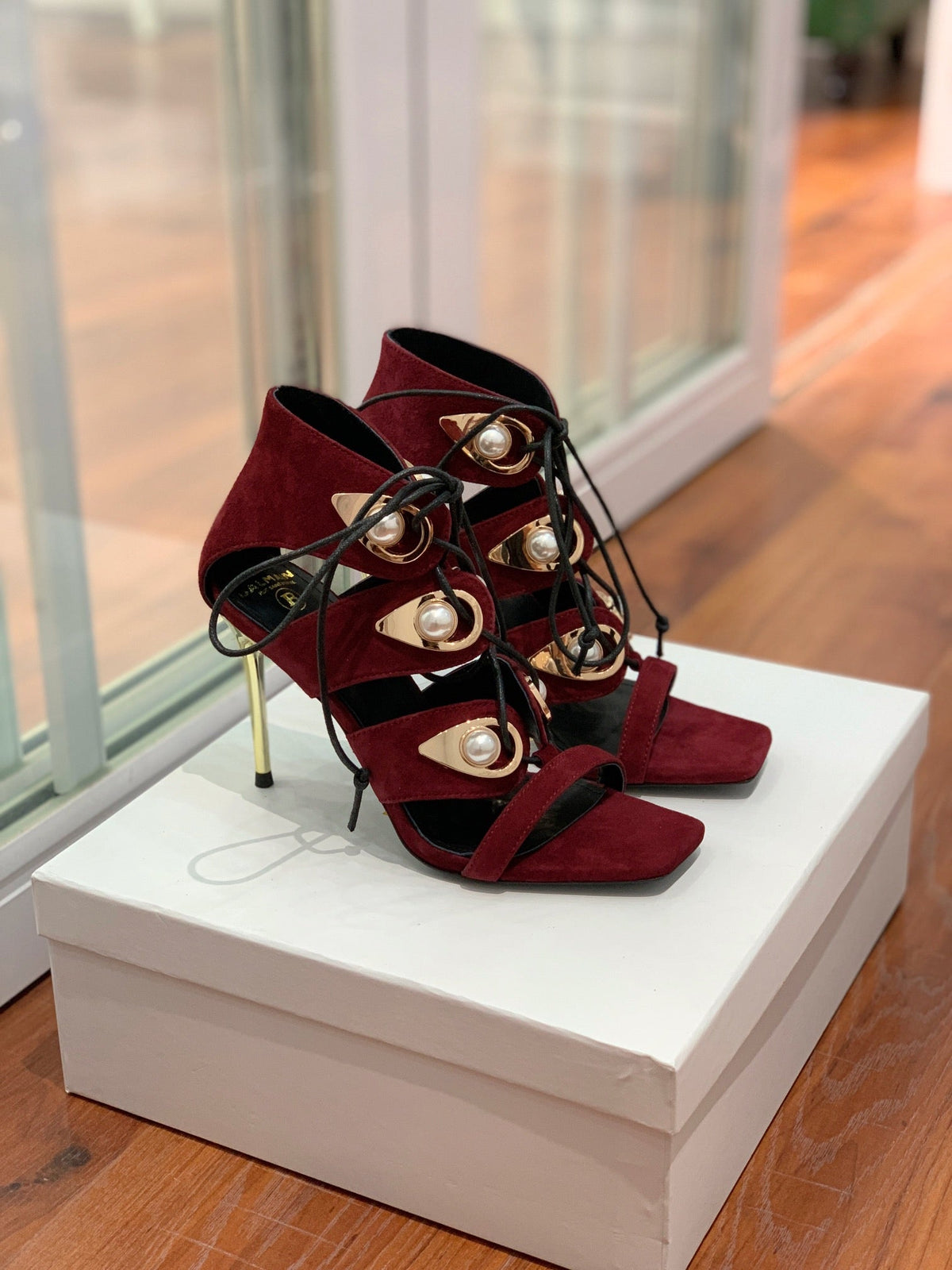 BALMAIN 25S HIGH HEELS 95MM IN OXBLOOD SUEDE WITH PEARL