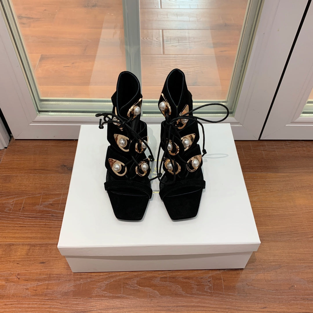 BALMAIN 25S HIGH HEELS 95MM IN BLACK SUEDE WITH PEARL